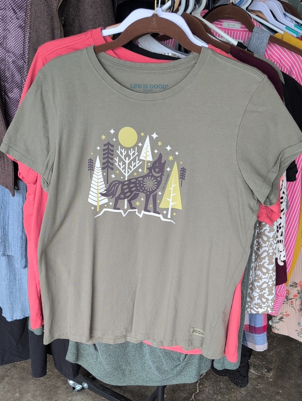 Life Is Good Olive Green Wolf Graphic Tee with Yellow & White Accents